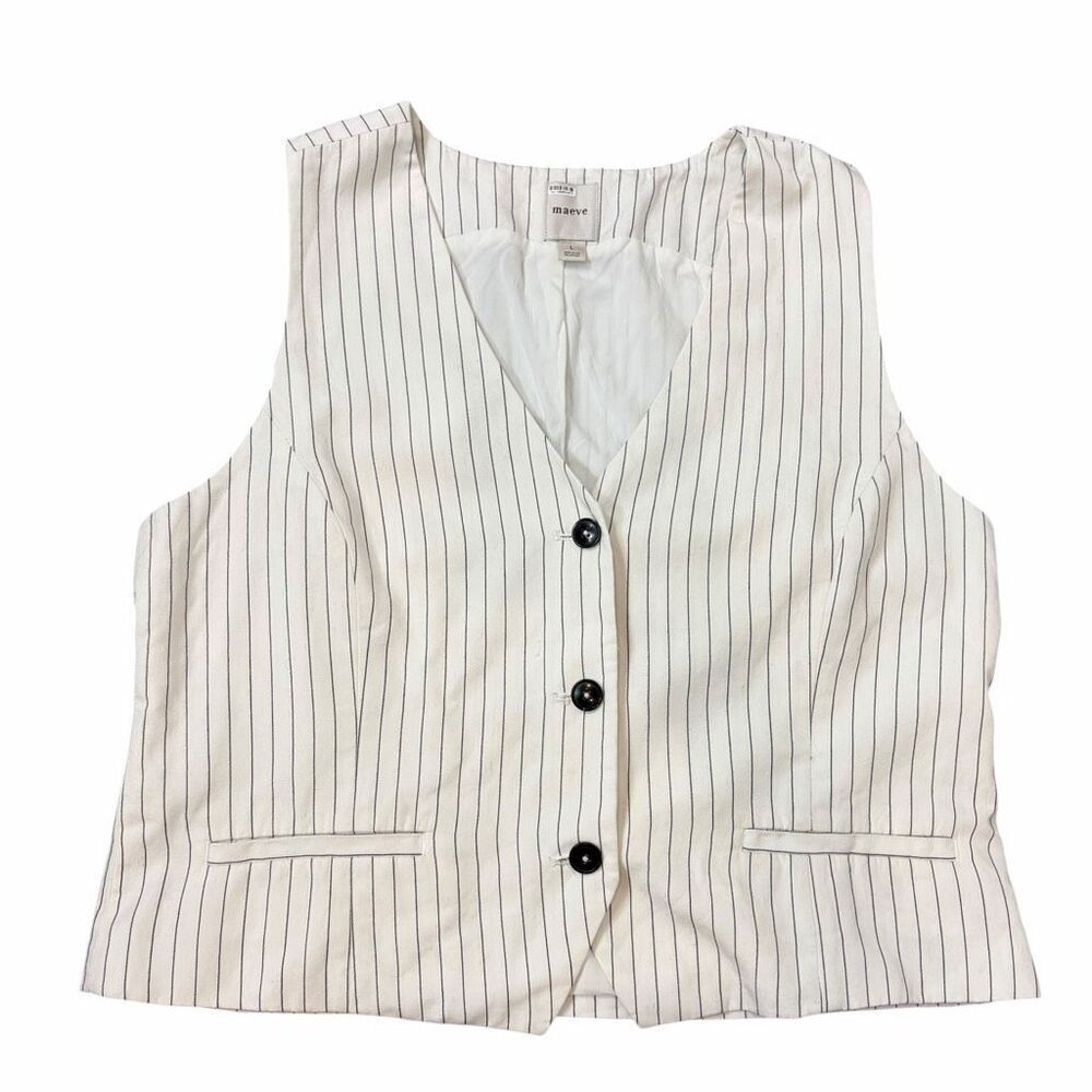 Anthropologie Maeve Blouse Womens Large White Black Striped V-Neck Linen Blend - Picture 2 of 16